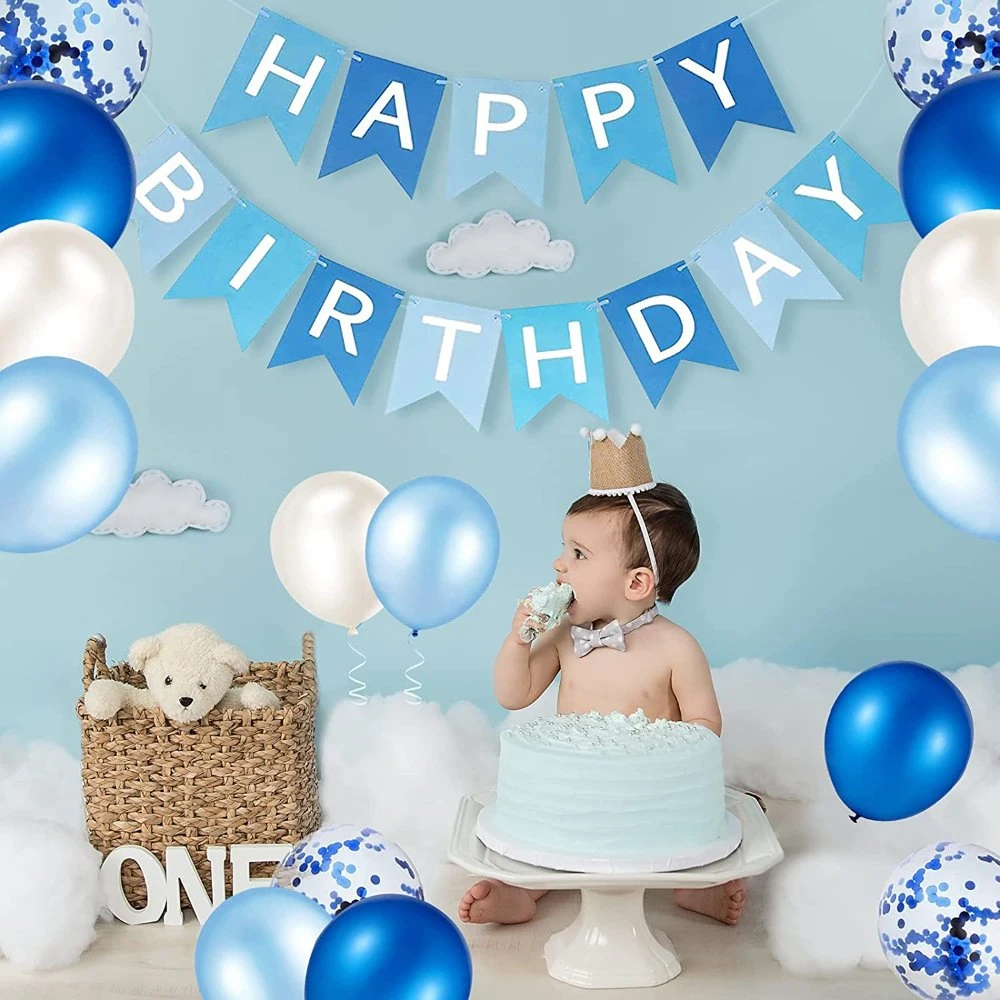 Happy Birthday Banner Bunting Baby Blue Party Balloons Confetti Latex Balloon Party Banners for Boys Girls Birthday Banner Decorations