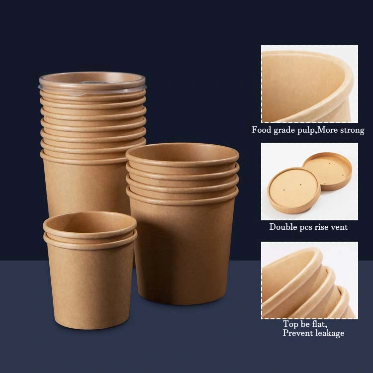 8 Oz Kraft Paper Soup Bowl Disposable Food Bucket Ice Cream Paper Cup Round Dessert Porridge Takeaway Packaging Soup Bowl with Cover