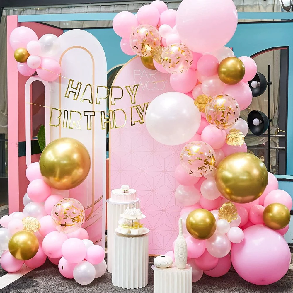 Pink and Gold Balloon Garland, 100 PCS Pink Balloon Arch Kit, Happy Birthday Banner, Metallic Gold Baby Pink Balloons for Pink Birthday Party Decorations