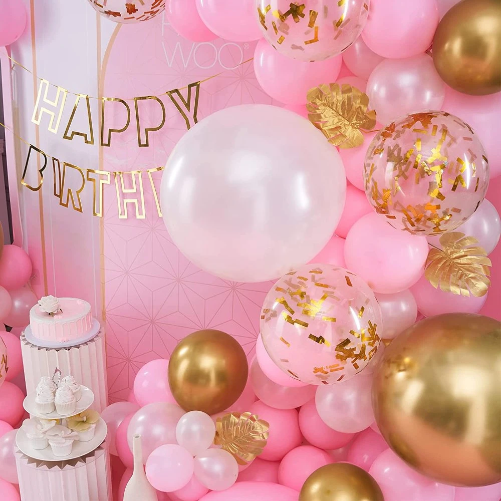 Pink and Gold Balloon Garland, 100 PCS Pink Balloon Arch Kit, Happy Birthday Banner, Metallic Gold Baby Pink Balloons for Pink Birthday Party Decorations