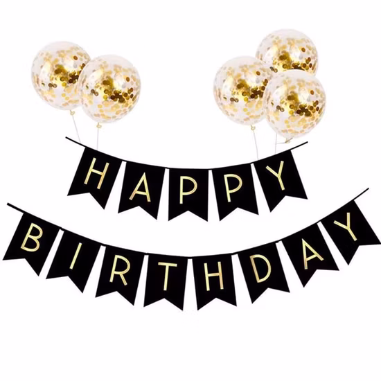 Prezzo di fabbrica Banner Decorazione Forniture per feste Banner di buon compleanno nero e oro Palloncino Involucro di carta a coda di rondine
