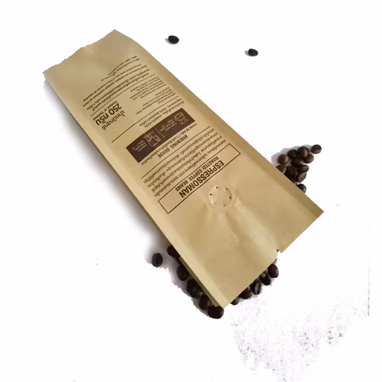 Buste con lati a soffietto sigillanti su 4 lati personalizzate Valvola in materiale di foglio di alluminio biodegradabile in carta Kraft per l'imballaggio del caffè.