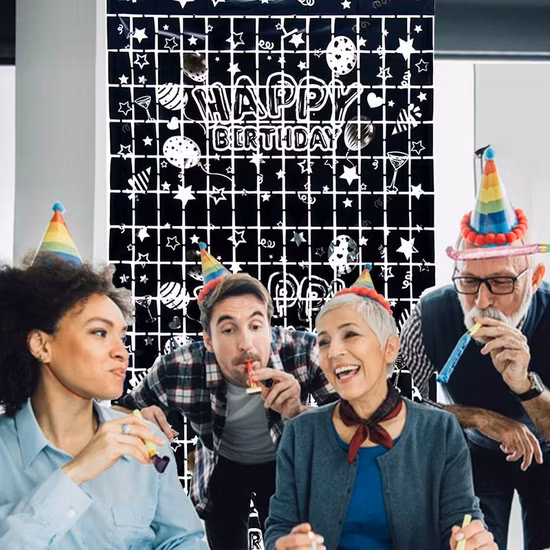 Tende in lamina quadrata dorata Decorazione per sfondo da parete per festa di buon compleanno